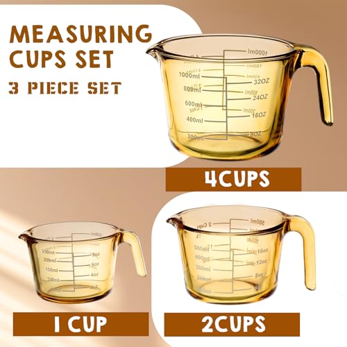 Domensi 3-pack Glass Measuring Cups Set, (1, 2 & 4 Cup) Measuring Cups for Prepping, Baking and Cooking, Preheated Oven, Dishwasher, Freezer, and Microwave Safe, Essential Kitchen Tools
