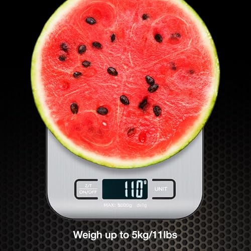 Digital Food Scale with 2 AAA Batteries Trnr-FDSCLE-SLV, Food Scale for Kitchen, Cooking Scale with Zero Tare Option, Kitchen Scale Weighs up to 11 Pounds, Measures in KG, G, LB, OZ, and ML