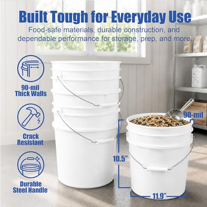 ePackageSupply 3.5 Gallon Bucket, Food Grade w/Lid BPA-Free, 3 Pack- White | Airtight Gasketed Tear Strip Lid, Heavy-Duty 90 Mil HDPE Plastic Pail, Bulk Storage, Food Safe Durable Container, Made in USA - size: 3 Packs
