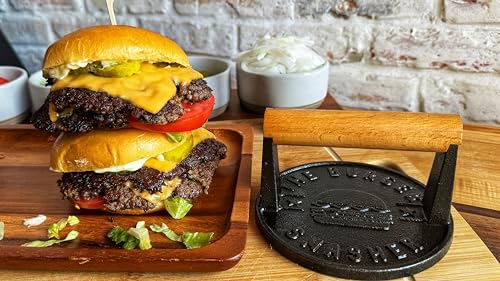 The Burger Smasher™ Pre-Seasoned Heavy Duty Cast Iron Smash Burger Press Kit - Heat Resistant Burger Smasher for Griddle, Food, Chef, Meat & Cooking Press, Hamburger Smasher - 30 Patty Paper