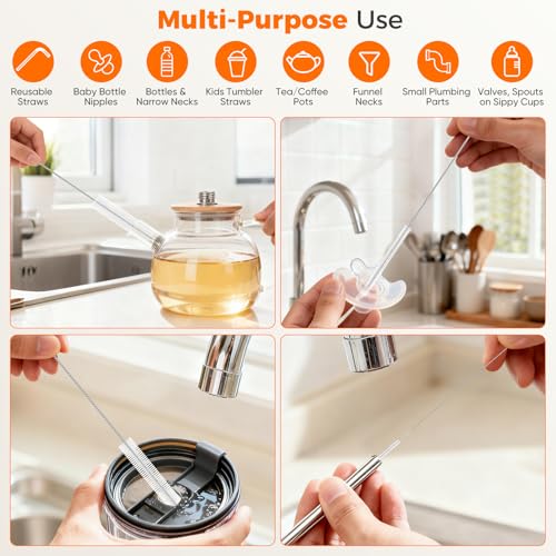 10-Packs Long Straw Cleaner Brush Set, 8.7-Inch, Mixed Sizes | Reusable Stainless Steel Cleaning Brush for Metal Straws, Sippy Cups, Tumblers, Small Water Bottle, Kitchen, Tube, Keyboard