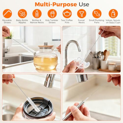 10-Packs Long Straw Cleaner Brush Set, 8.7-Inch, Mixed Sizes | Reusable Stainless Steel Cleaning Brush for Metal Straws, Sippy Cups, Tumblers, Small Water Bottle, Kitchen, Tube, Keyboard