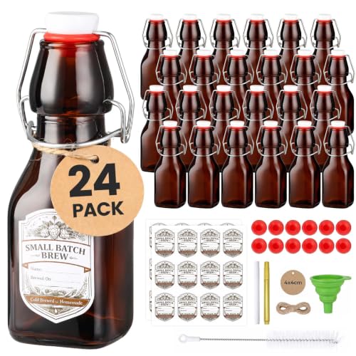 Ruckae Amber Square Swing Top Glass Bottles with Lids Kombucha Flip Top Glass Bottle for Coquito Syrup Vanilla Extract Brew Beer Kefir Air Tight Bottles for Gift (4oz 24pack) - size: 4oz 24pack