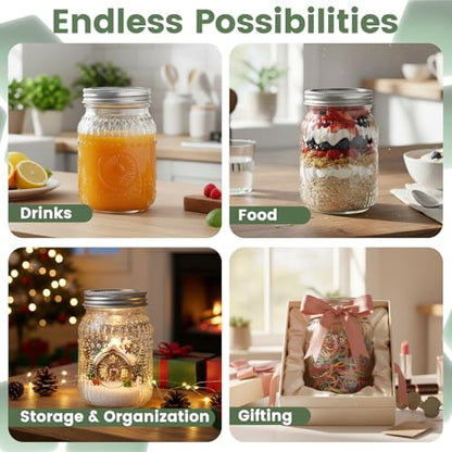 16oz Mason Jars 4-Pack with Rust-Proof 304 Stainless Steel Lids and Bands | Pint Glass Jars with Elegant Sunflower Embossing, Leak-proof for Meal Prep, Pickling, Overnight Oats, Dry Food & DIY Crafts - color: Clear-16OZ