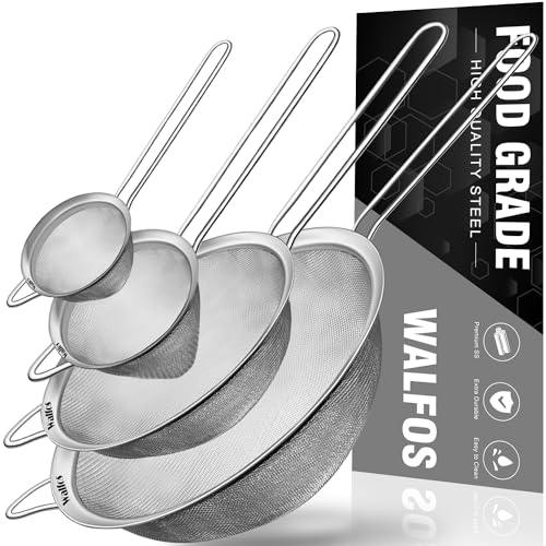 Walfos Fine Mesh Strainer 4PCS, Versatile Kitchen Strainer with Handle - 7", 4.6", 3.15", 2.7" Sieve Fine Mesh Stainless Steel, Metal Strainers and Sifters for Rice, Quinoa, Tea, Cocktail, Juice - size: 7", 4.6", 3.15", 2.7" (4pcs)