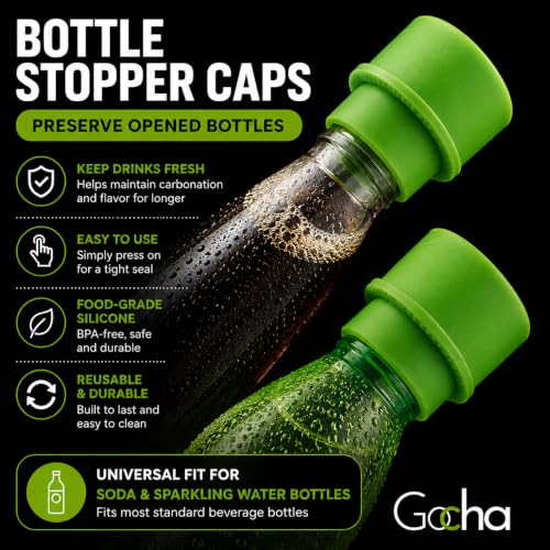 GOCHA 2 PCS Vacuum Soda Bottle Stoppers, Silicone Fizz Keeper Caps, Carbonation Preserver for Soda, Sparkling Water, Soft Drinks & Beer Bottles, Reusable Leak Proof Bottle Sealer | (Green) - color: Green