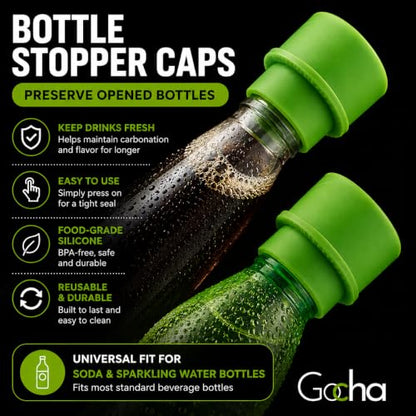 GOCHA 2 PCS Vacuum Soda Bottle Stoppers, Silicone Fizz Keeper Caps, Carbonation Preserver for Soda, Sparkling Water, Soft Drinks & Beer Bottles, Reusable Leak Proof Bottle Sealer | (Green) - color: Green