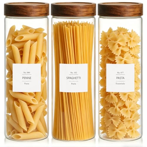 KEYWING 64 fl.oz Pasta Containers Set of 3, Glass Spaghetti Container Storage with Airtight Acacia Wood Lid, Tall Food Storage Jars, Clear Pantry Organizers for Cereal, Bread-sticks, Noodles - size: 64 Fl.oz