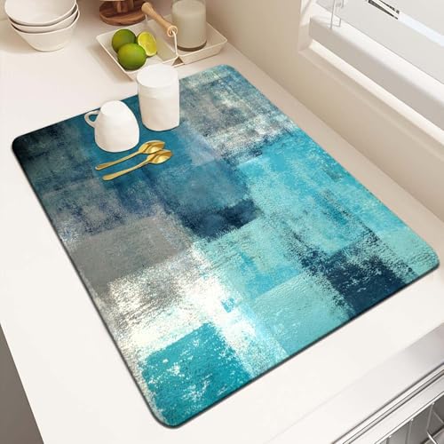 MCALK Turquoise Dish Drying Mat for Kitchen Counter, Teal Dish Drying Pad with Anti-Slip Rubber Base, Absorbent Kitchen Sink Mat with Abstract Art Decor (1 pc 18" x 16") - size: 18" x 16"