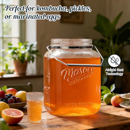 2 Pack Square Wide Mouth Mason Jars, 1 Gallon Glass Jar With Airtight Lid and Scale Marks, 128 FL Oz/3785 ML Food Storage Containers with Handles & Non-slip Bases - for Flour, Rice, Pickling