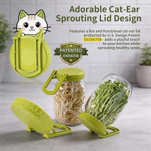 Happyiren Sprouting Lid Kit for Wide Mouth Mason Jars, 2-Pack (3.38"/86mm) | BPA-Free; One-Piece Sprouting Lids with Built-In Stand, Seed Germination Jar Sprouter Lid, Fits Wide Mouth Jars - color: Green