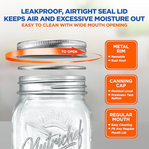 NutriChef 16 Pack Mason Jars 16 oz with Lids, Wide Mouth Airtight Seal, Freeze Safe Durable Glass, Silver Screw Lids for Meal Prep, Jam, Honey and Wedding Gifts, Leakproof & Dishwasher Safe Glass Jars - style: 16 Pack