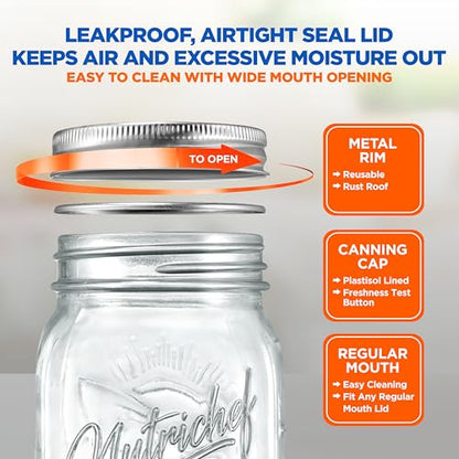 NutriChef 16 Pack Mason Jars 16 oz with Lids, Wide Mouth Airtight Seal, Freeze Safe Durable Glass, Silver Screw Lids for Meal Prep, Jam, Honey and Wedding Gifts, Leakproof & Dishwasher Safe Glass Jars - style: 16 Pack