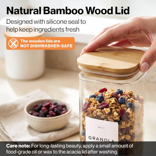 EDELHAUS Glass Storage Containers with Bamboo Lids and Labels - Set of 5 | Extra Thick Square Glass Canisters with Bamboo Wood Lids and 54 Pre-printed Pantry Labels keeps dry Goods Fresh and Organized - color: White Labels - Bamboo Lids - 5 Pack