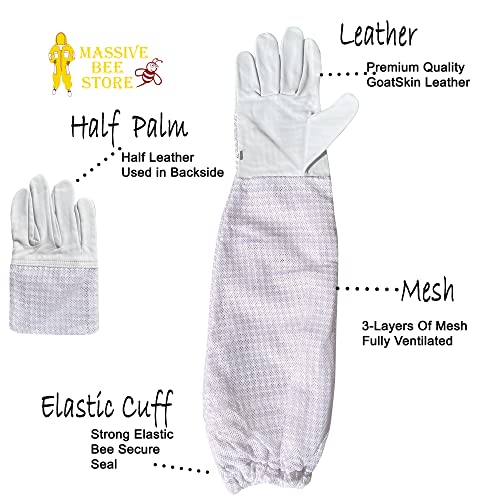 Beekeeping Gloves with Goat Skin Leather Palm and 3-Layer Mesh Sleeve for Unisex (3X-Large, White) - size: 3X-Large