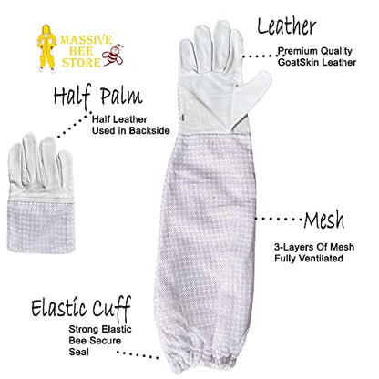 Beekeeping Gloves with Goat Skin Leather Palm and 3-Layer Mesh Sleeve for Unisex (Extra Small, White) - size: X-Small