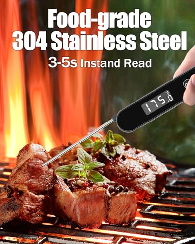 Meat Thermometer Digital for Cooking and Grilling,Instant Read Food Thermometer with Battery,Folding Accurate Probe Kitchen Thermometer for BBQ,Backlit LCD,Store by Magnet and Hook (Black) - color: Black
