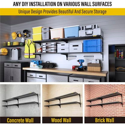 Aecxm 2-Pack 2 Tier 1.3x3ft Garage Shelving Wall Mounted, 500lbs Load Capacity，15.6x36inch per Shelf Height Cassette Adjustable Floating Shelves, Black - color: Black, size: 4pack-1.3x3ft