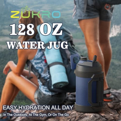 Zukro 1 Gallon Water Jug, One Gallon Large Triple Wall Insulated Water Bottle With Straw and Spout, Keep Cold 48 Hours, No Sweat 128 oz Stainless Steel Sport Jug For Gym, Camping, Outdoors, Navy Blue - color: Navy Blue