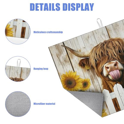 Sunflower Highland Cow Dish Drying Mat for Kitchen Counter Drying Pad Absorbent Reversible Dish Drainer Rack Mats Draining Pad 18"x24"Inch