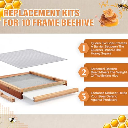 Beeveer 3 Pcs Beehive Parts Kit for 10 Frame Bee Hive, Beehive Screened Bottom Board with Entrance Reducer and Metal Queen Excluder for Beekeeping Supplies - style: Without Wooden Frame