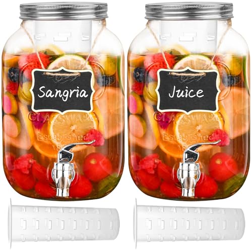 Eleganttime 파티용 3.8L(1갤런) 유리 음료 디스펜서, 과일 인퓨저가 있는 음료 디스펜서 2팩, 세탁 세제 디스펜서 펀치 볼 워터 주스 디스펜서, 쉬운 플로우 수도꼭지 포함, 야외용