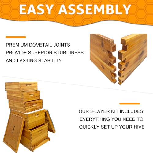 3-Layer Langstroth Beehive Kit with 100% Beeswax Coating – 2 Deep Boxes & 1 Medium Super, No Frames Included – Waterproof & Durable Bee Hive for Beginners (5-Layer)