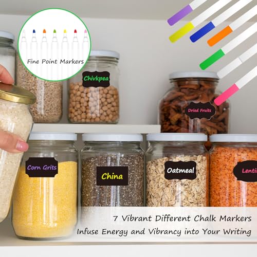 HERDIN Round Chalkboard Label Stickers, 120-Pc Set with 7 Markers | 120 Labels, 7 Markers, Round Shape, 5 x 5 cm, Waterproof Writing Surface, Pantry Jars, Food Containers, Storage Bins