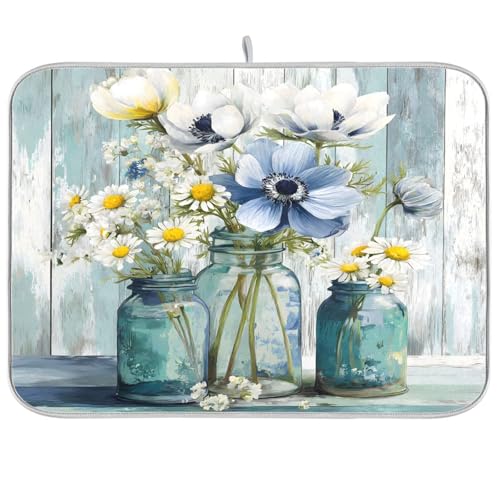 Rustic Daisy Flower Mason Jars Dish Drying Mat 18 x 24 Inch Kitchen Counter Mat Absorbent Dishes Rack Pad for Countertops Sinks Draining Mats - size: 24" x 18"