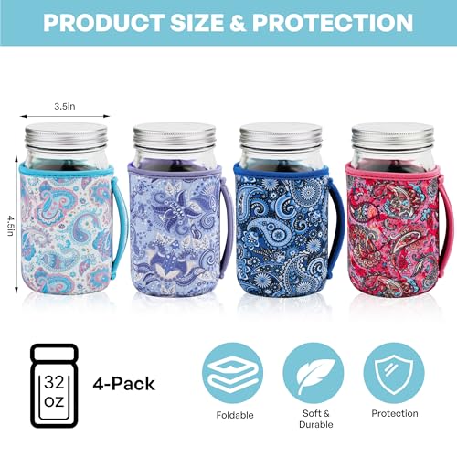 KJQJLY 4 Pcs Mason Jars Sleeves Neoprene 32oz Regular and Wide Mouth Mason Jar Sleeves Holder with Handle (Paisley, 32 OZ) - color: Paisley, size: 32 OZ