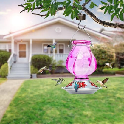 Hummingbird Feeder, BOLITE Glass Hummingbird Feeders for Outdoors Hanging, with Ant Moat and Five Feeding Ports, 22 Ounces, Leak Proof, Purple Bottle - color: Ruby Purple