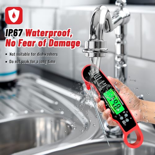 Meat Thermometer Digital, Instant Read Meat Thermometer with Backlight & Magnet for Kitchen, Beef, Grill, Turkey,IP67 Waterproof Cooking Thermometer - color: Red