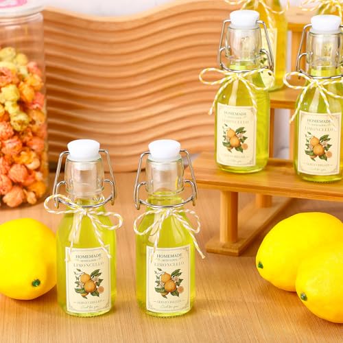 Havawish 20 Sets 4 oz Limoncello Bottles Swing Top Glass Bottles for Homemade Clear Flip Top Mini Limoncello Bottle with Labels Airtight Cap Lids for Home Brewing Gifts Wedding Baby Shower Favors