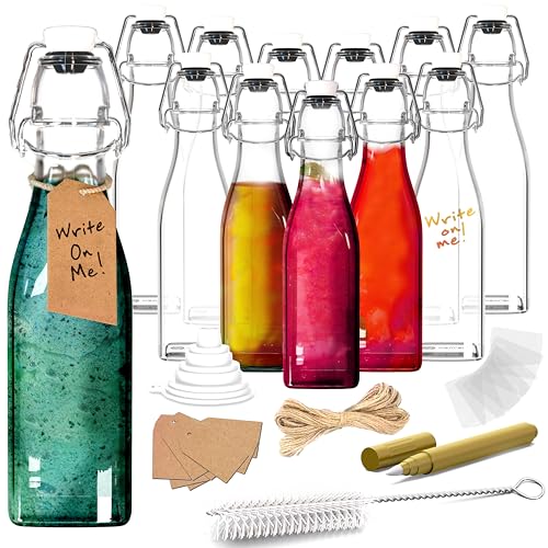 Nevlers 12 Oz Square Swing Top Glass Bottles with Airtight Lid 12 Pack | Flip Top Glass Bottle Set w/ Shrink Wrap, Funnel, Brush Marker, Tags & String | Use as Oil, Syrup or Vanilla Extract Bottles - size: 12 Pack - Square
