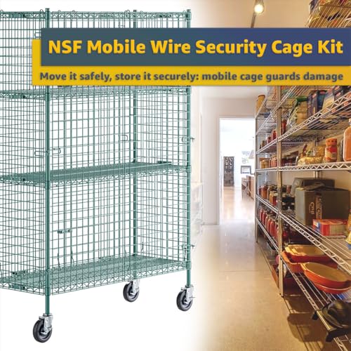 18" x 48" x 69" NSF Heavy Duty Mobile Green Epoxy Wire Shelves with Security Cage Kit, 4 Tier Metal Commercial Storage Rack with Wheels - color: Green, size: 18" x 48" x 69" with Wheels
