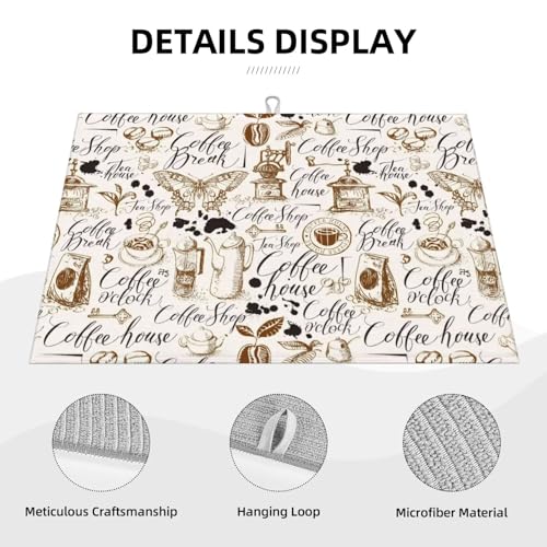 Coffee House Butterfly Dish Drying Mat for Kitchen Counter 18 x 24 inch Classic Cafe Dish Drainer Rack Mats with Hanging Loop Coffee Break Print Dishes Drainer Pads Cafe Theme Drying Pad - color: white brown