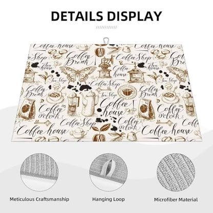 Coffee House Butterfly Dish Drying Mat for Kitchen Counter 18 x 24 inch Classic Cafe Dish Drainer Rack Mats with Hanging Loop Coffee Break Print Dishes Drainer Pads Cafe Theme Drying Pad - color: white brown