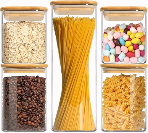 Glass Storage Containers with Lids, Clear Food Storage Container Jar with Sealing Bamboo Lid for Noodles Flour Cereal Rice Sugar Tea Coffee Beans (Square-5Pack) - size: Square 0.8 Qt*2/1.2 Qt*2/2.2 Qt*1-5Pack