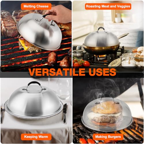 only fire Chesse Melting Dome,9 Inch &12 Inch Heavy Duty Round Basting Steam Cover,Stainless Steel Griddle Accessories for Flat Top Griddle Grill Indoor or Outdoor,2PCS,Dishwasher Safe
