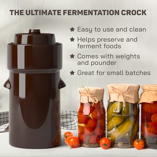 Fermentation Crock 1 Gallon - Sauerkraut Crock with Lid, Weights & Pounder - Ceramic Fermenting Crock Kit for Pickling Cabbage Kimchi Vegetables - 4 Liter Fermentation Jar - Stoneware Pickle Pot