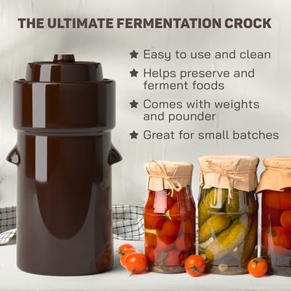 Fermentation Crock 1 Gallon - Sauerkraut Crock with Lid, Weights & Pounder - Ceramic Fermenting Crock Kit for Pickling Cabbage Kimchi Vegetables - 4 Liter Fermentation Jar - Stoneware Pickle Pot