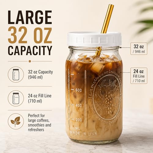 Boba Tea Cups 32 oz (2-Pack) – Mason Jar Glass Cups with Lids & Gold Stainless Steel Wide Straws for Bubble Tea, Smoothies & Iced Coffee