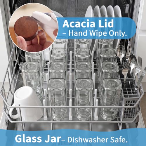 Yangbaga Glass Spice Containers for Kitchen: 14P 4oz Dishwasher Safe Jars | Durable Glass Jars for Cooking Enthusiasts- Airtight Acacia lid 500X Open-Close no Loose - Gift/Daily Use for Housewives