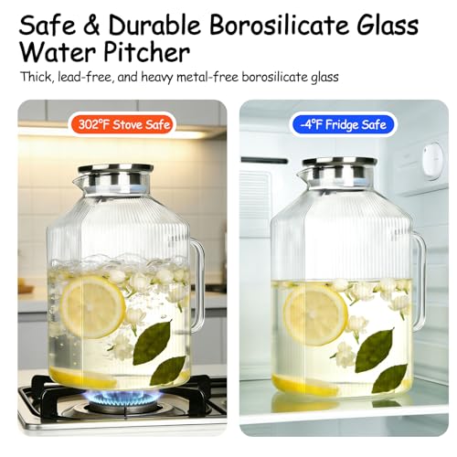 1 Gallon Glass Pitcher with Lid, Square Borosilicate Glass Carafe | Glass Water Pitcher with Handle and Spout for Fridge, Large Jug with Mat for cold & Hot Drinks, Home & Party, Dishwasher Safe