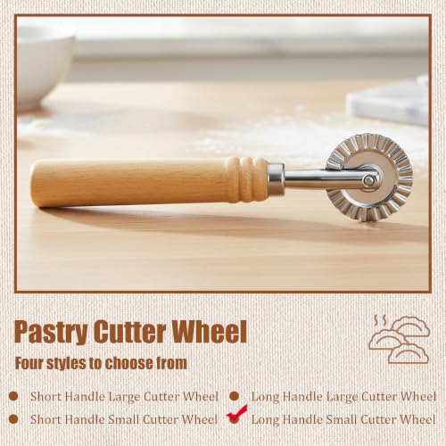 Pastry Cutter Wheel, Crinkle Wheel with Beech Wood Handle | 304 stainless steel crinkle blade, beech wood handle, multi-use for pizza pasta pastry cookie ravioli, 5 variants - color: Long Handle Small Cutter Wheel