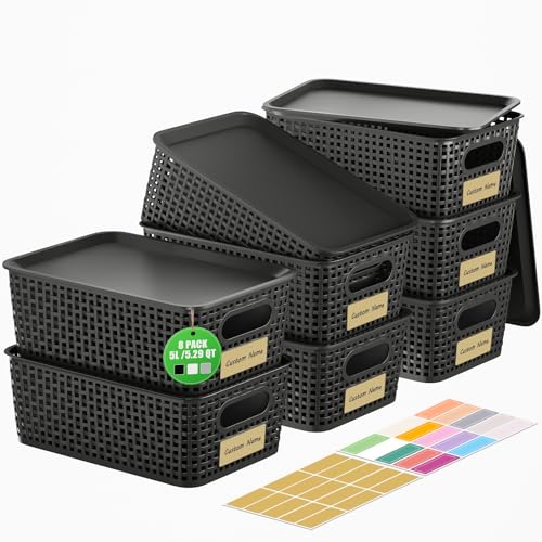 8 Pcs Plastic Storage Baskets with Plastic Lids and Labels 5.29qt Stackable Box Basket Pantry Decorative Containers, Small Storage Bins for Shelves Drawers Closets Bedrooms Office Cabinets 10*7.2*4.1" - style: Black-Plastic Lid