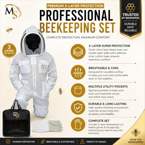 MS Breathable Ventilated 3Layers Beekeeping Suit with Fencing Veil & Protective Gloves – Full Body Beekeeper Suit - color: White, size: Medium