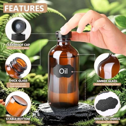 12 Pack 4oz Glass Boston Round Bottles, Amber Glass Bottles with Black Lids, Leak Proof, Handy Storage for Homemade Essential Oils, Vanilla Extract - size: 4oz 12Pack