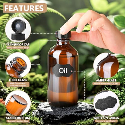 12 Pack 4oz Glass Boston Round Bottles, Amber Glass Bottles with Black Lids, Leak Proof, Handy Storage for Homemade Essential Oils, Vanilla Extract - size: 4oz 12Pack