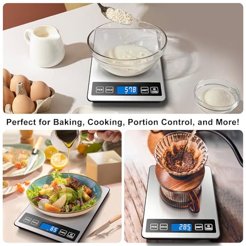 Fuzion Food Scale, 22lb/0.1oz Digital Kitchen Scale - 7 Units, Tare & PCS | Rechargeable Power, Tempered Glass & Stainless Steel - Digital Food Scale Grams and Ounces for Weight Loss, Baking, Cooking - color: Silver Blue